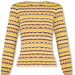 Ulla Johnson Gabi Yellow and Brown Striped Textured Puff sleeve sweater Medium